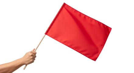 Hand holding a red flag isolated on transparent background