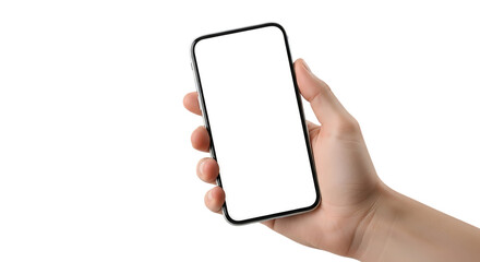 Hand holding a smartphone with a blank white screen isolated on transparent background