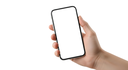 Hand holding a smartphone with a blank white screen isolated on transparent background