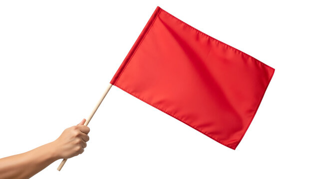 Hand holding a red flag isolated on transparent background