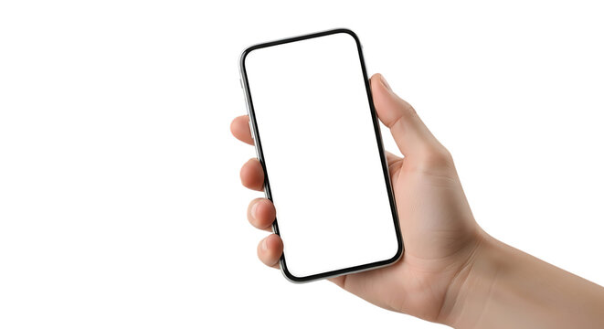 Hand holding a smartphone with a blank white screen isolated on transparent background - Powered by Adobe