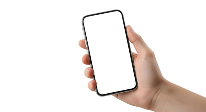 Hand holding a smartphone with a blank white screen isolated on transparent background