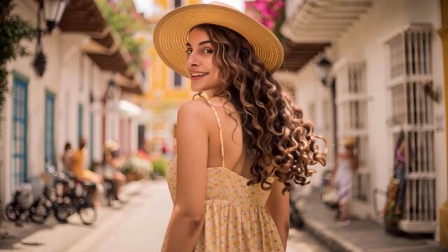 Young woman with curly hair and straw hat turning toward the camera in the streets of Cartagena, Colombia. Slow motion.