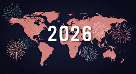 World Map Fireworks Display Celebrating New Year 2026, Festive, Global Celebration.