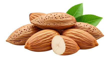 A pile of almonds in shells with a few shelled almonds and green leaves isolated on transparent background