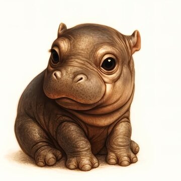 Adorable baby hippo sitting with various expressions, featuring large eyes open and then eyes closed, digital art animation.