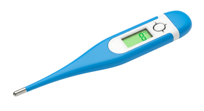Blue digital thermometer with green display showing temperature isolated on transparent background