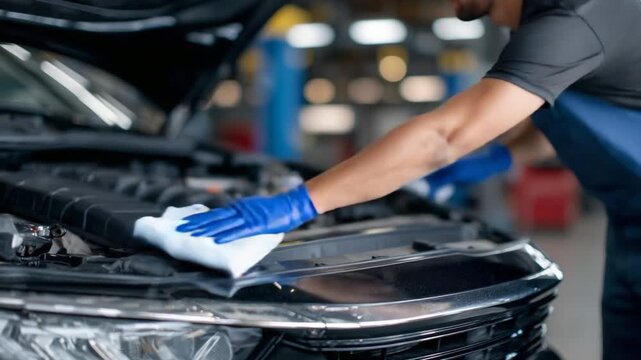 A high-detail image captures blue-gloved hands meticulously cleaning an engine compartment, with sharp focus on metallic textures against a softly blurred garage backdrop.