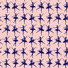 Seamless pattern with dancing ballerinas on pink background. Cute ballerina. Blue silhouettes ballerinas in flat style. Elegant girly vector ornament. Aesthetic, athletic woman, textile art, fashion.