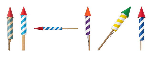 Firework rockets set including colorful striped variations isolated. Festive celebration and holiday design assets.