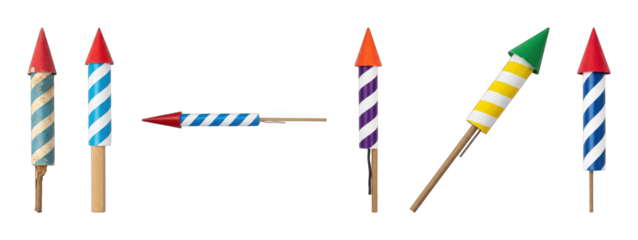 Firework rockets set including colorful striped variations isolated. Festive celebration and holiday design assets.