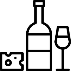 A Simple Line Art Icon of a Wine Bottle with a Cheese Wedge and a Wine Glass on a Transparent Background