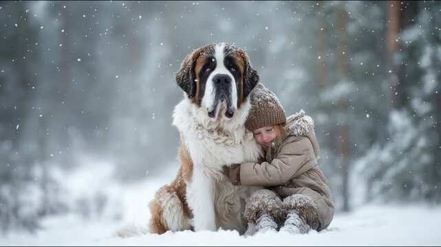 Child wearing winter coat hugs a large Saint Bernard dog in a snowy forest. The scene conveys warmth and friendship amid falling snowflakes, in serene winter landscape. Video made using Generative AI.