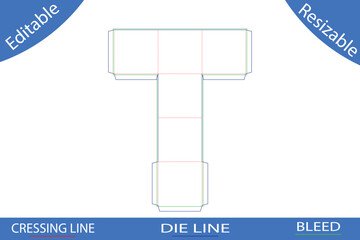 T-shaped packaging box die cut template with bleed and creasing