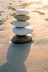 Balanced Stones: A serene stack of smooth stones stands in perfect equilibrium on a sandy beach, demonstrating balance and harmony.  This image evokes peace and mindfulness.