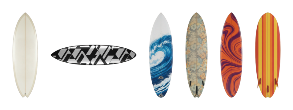 Surfboard set including cream, geometric, wave, floral, swirl, and striped designs isolated. Summer ocean sport equipment collection.