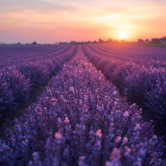 Obraz premium Lavender Field at Sunset with Beautiful Sky