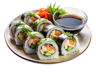 plate of sushi rolls with soy sauce, transparent background