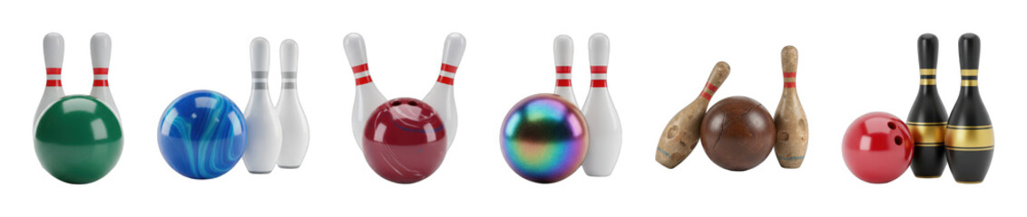 Naklejka premium Bowling equipment set including modern, vintage, and colorful balls and pins in various arrangements isolated. Sports and game collection.