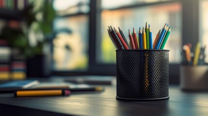 Present a close-up view of a desk with a neatly arranged assortment of student supplies like pencils, notebooks, and a desk organizer, underscoring readiness for school