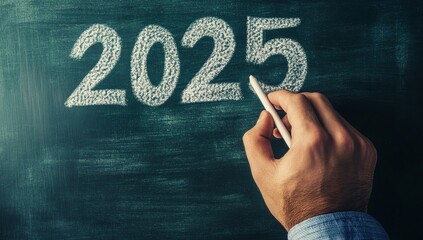 A student is at the classroom blackboard, writing out the large numbers "2025" in white chalk