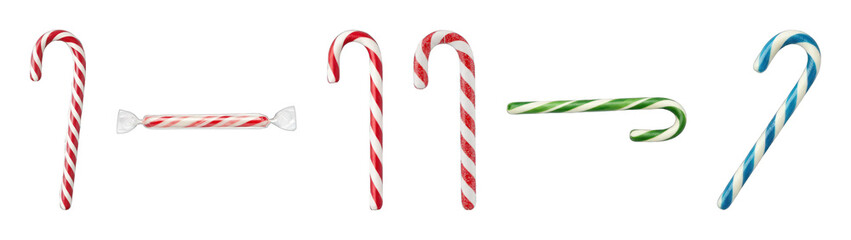 Candy cane set including red, green, blue striped candy canes and wrapped peppermint stick isolated. Festive holiday sweet treats collection.