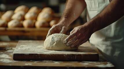 Fresh pizza dough is kneaded on wooden tables by bakers, readying themselves for baking in a school culinary class or home