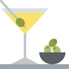 A Tall Martini Glass Filled With Yellow Liquid and Green Olives on a Stick Beside a Small Bowl of Olives on a Gray Surface with a Transparent Background