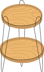 A Two Tiered Wooden Round Shelf Stand With Thin Black Metal Legs On A Transparent Background