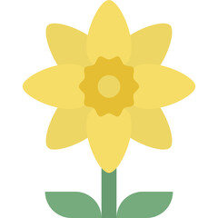 A yellow daffodil flower with a green stem and two leaves against a white background on a spring day symbolizing rebirth and new beginnings in a flat design style.