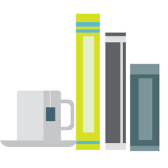 A white teacup with a blue tea bag tag sits next to three stylized books on a transparent background with a simple computer application color theme illustration.