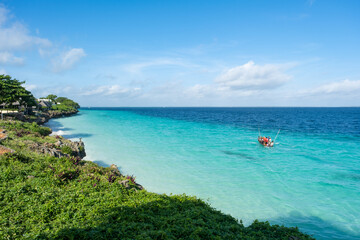 Idyllic tropical beach in Nungwi, Zanzibar, with white sand, turquoise waters, and palm trees under a clear blue sky. Perfect paradise escape in East Africa.
