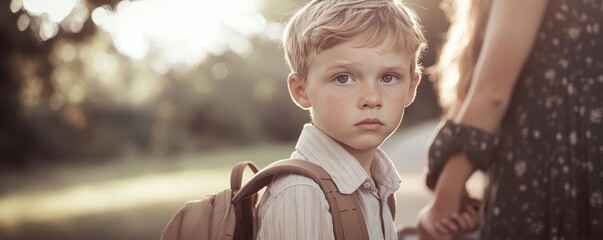 Child, mother, and banner encapsulating a tight hug, kindergarten and education promoting family happiness and support. Mock-up featuring mom and son exchanging a kiss outdoors, cheerful moment.