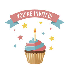 Colorful birthday cupcake with a lit candle and invitation ribbon.