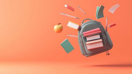 A 3D rendering of a school backpack surrounded by books, an apple, pens, and various other stationery items suspended in the air on an orange background, symbolizing back-to-school with ample space