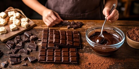 In preparation for International Chocolate Day, a girl confectioner works on creating chocolates and chocolate bars, arranging them against a background that also serves as wallpaper. She enhances