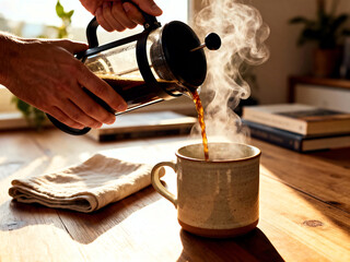 Man’s hands pouring freshly brewed coffee from a French press into a stoneware mug with rising steam on a sunlit wooden table in a cozy kitchen interior