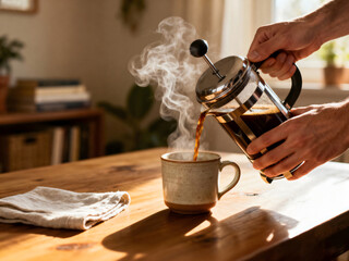 Hands holding a French press while pouring steaming coffee into a rustic ceramic cup on a wooden table, surrounded by soft sunlight and cozy morning atmosphere