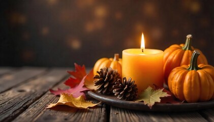 Rustic Autumn Candlelight Warm Thanksgiving Harvest Scene with Fallen Leaves, Gourds, and Pinecones