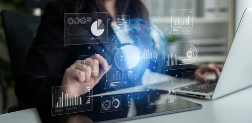 Real-time global data analytics dashboard visualizing insights from interconnected systems for...