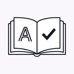 An open book displaying the letter a and a checkmark symbol