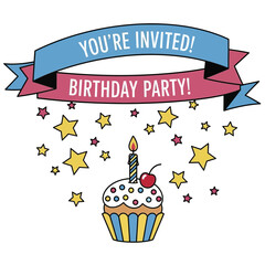Colorful birthday party invitation with cupcake and stars graphic.