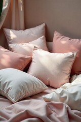Peaceful Slumber A Pile of Soft Cushions in a Calming Interior Setting, Evoking Relaxation and Comfort Through Neutral Tones and Textures.