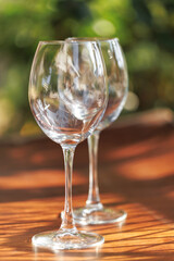 Two empty wine glasses on a wooden table with green garden background and soft natural lighting