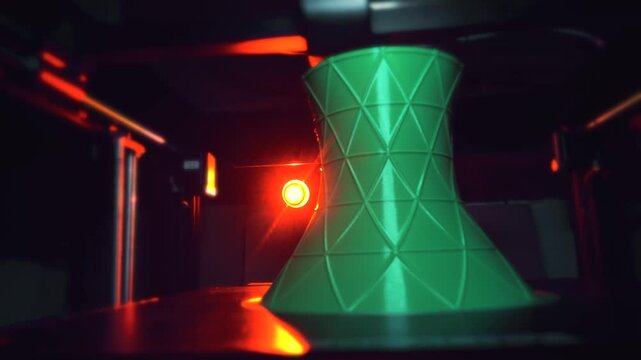 Close-up of a 3D printer working on a green vase with geometric triangular pattern. Modern additive manufacturing and design process.