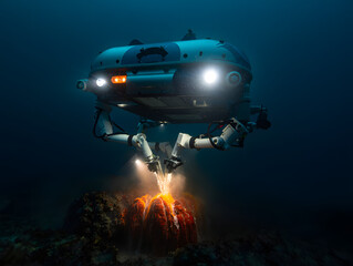Advanced submersible robot robotically explores deep sea hydrothermal vent with robotic arms actively sampling