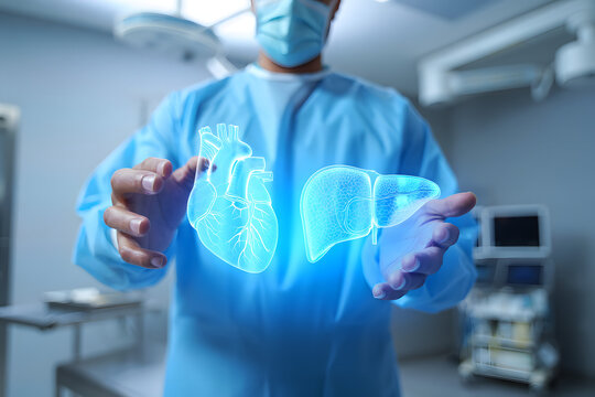 Surgeon presents glowing holographic heart and liver in modern operating room, showcasing advanced medical technology.