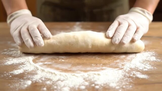 Hands Kneading Dough on a Flour-Dusted Surface