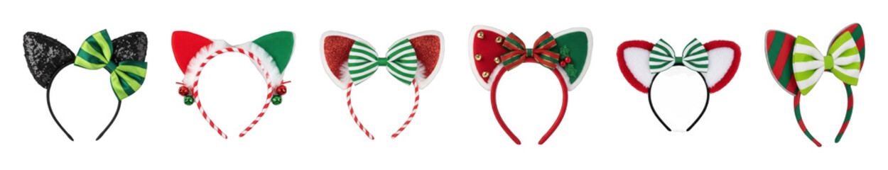 Christmas headband set including ear designs, bows, bells, and sequins isolated. Festive party and costume accessories.
