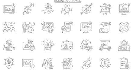 Business stroke icons set depicting finance, management and business related subjects